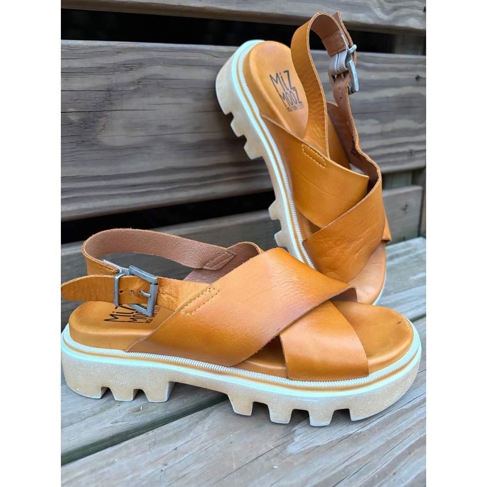 Miz Mooz Leather Pacific Cross-strap Lug Sole Platform Sandals Ochre Tan Cognac